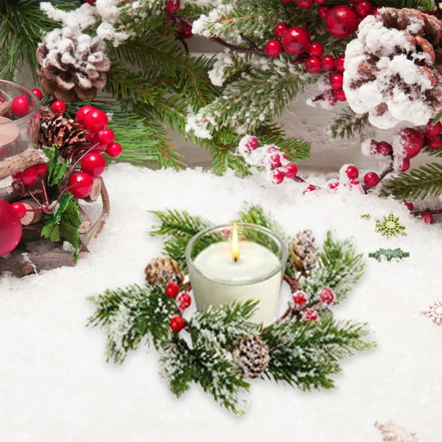 Christmas Candle Rings Artificial Red Berries Cedarwood Needles Garland Candle Rings For Pillars Wedding Centerpiece Christmas Table Decoration For Front Door