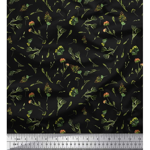 Soimoi Black Cotton Duck Fabric Yellow Mustard Leaves Decor Fabric Printed Yard 44 Inch Wide