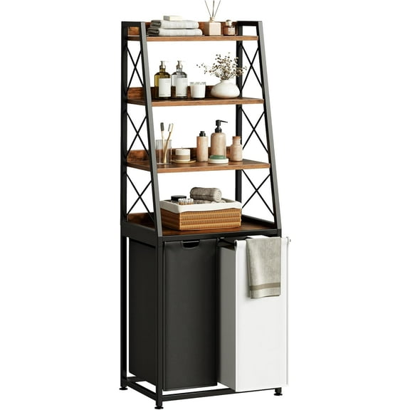 Herture Laundry Basket, 2 Section Laundry Hamper with 4 Tiers Shelf, Pull-Out and Removable Laundry Bags, Large 2 x 15.87 Gallons, for Bedroom Bathroom Rustic Brown PF11XLN