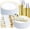 Gold, variant on 350Pcs Silver Disposable Plastic Dinnerware Set, complete tableware kit contains dinner plates, dessert plates, cups, pre-folded napkins and full cutlery. Sturdy silver tableware is elegant and pract