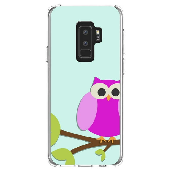 DistinctInk Clear Shockproof Hybrid Case for Samsung Galaxy S9  PLUS (6.2" Screen) - TPU Bumper, Acrylic Back, Tempered Glass Screen Protector - Pink Owl Cartoon - Cartoon Owls