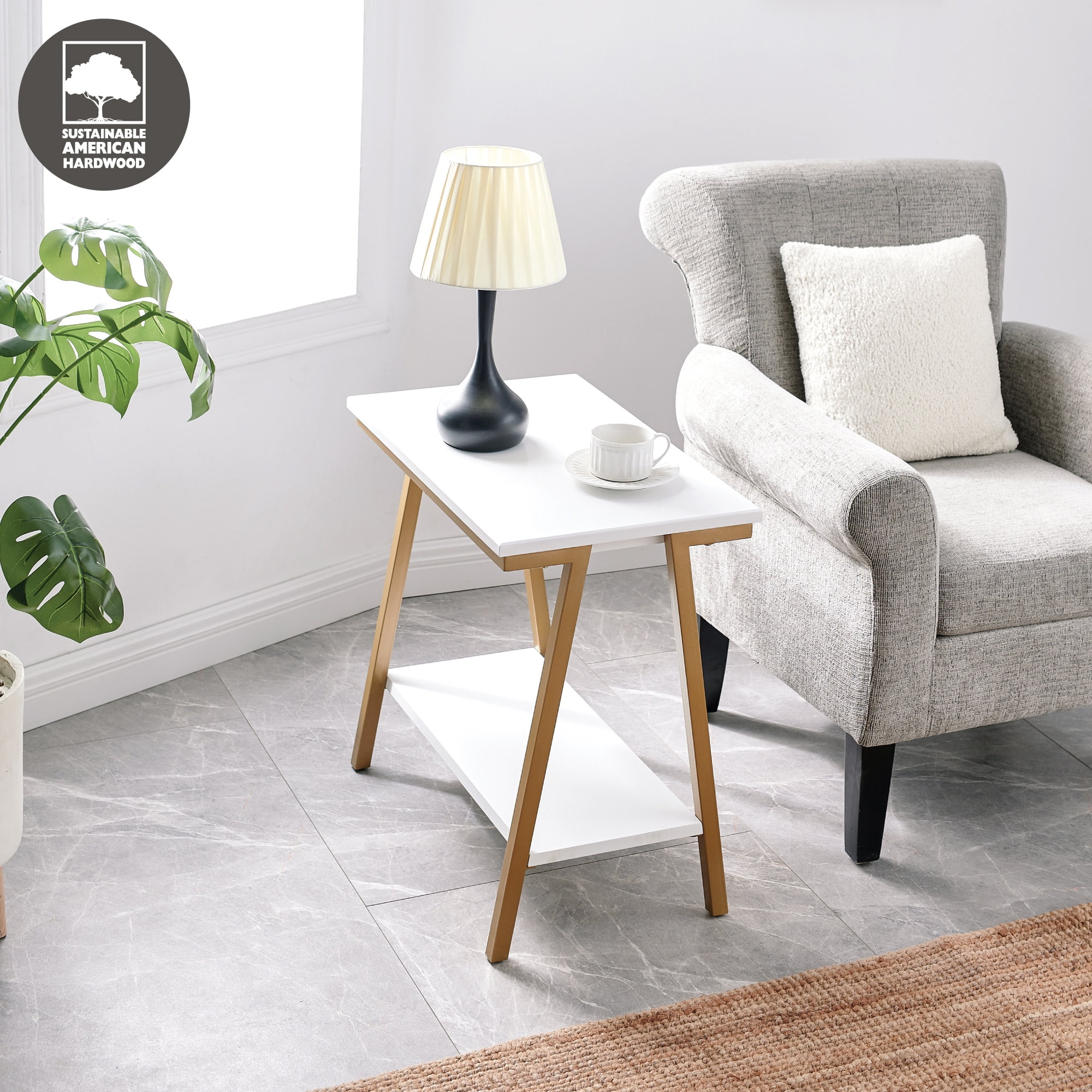 Leick Furniture Empiria Wood and Metal Narrow End Table with Shelf, White/Gold