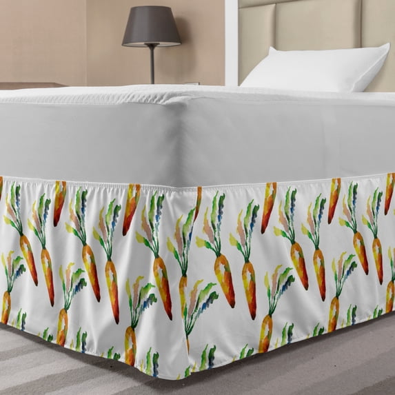 Vegetables Bed Skirt, Pattern of Healthy Organic Carrot Silhouettes Illustrated in Watercolor Style, Elastic Bedskirt Dust Ruffle Wrap Around for Bedding Decor, 4 Sizes, Multicolor, by Ambesonne