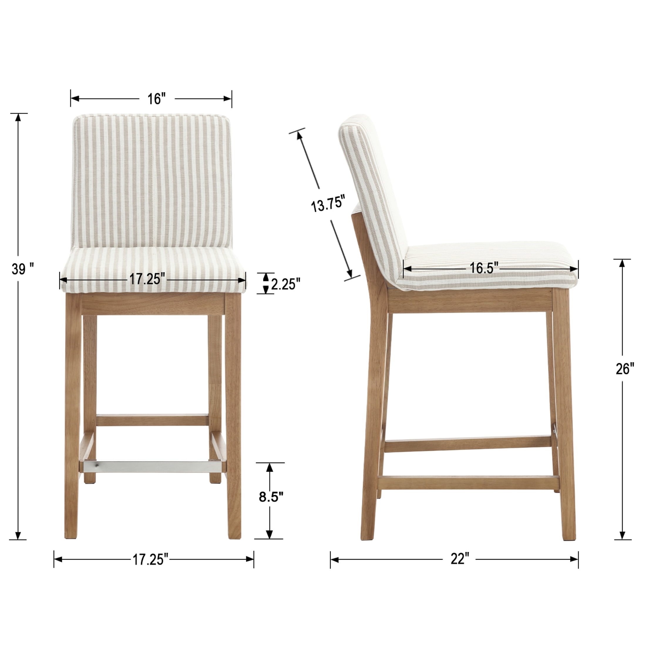 Guyou 26" Counter Height Bar Stools Set of 6, Modern Linen Upholstered Barstools, Rustic Farmhouse Wooden Kitchen Island Chairs with Backrest for Dining Room Home Bar Patio Club, Khaki Stripe