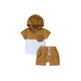 thumbnail image 1 of Kmbangi 2Pcs Kid Boy Summer Pants Suit, Hooded Neck Short Sleeve Tops + Drawstring Solid Color Pants Casual Party 0-3Y, 1 of 9