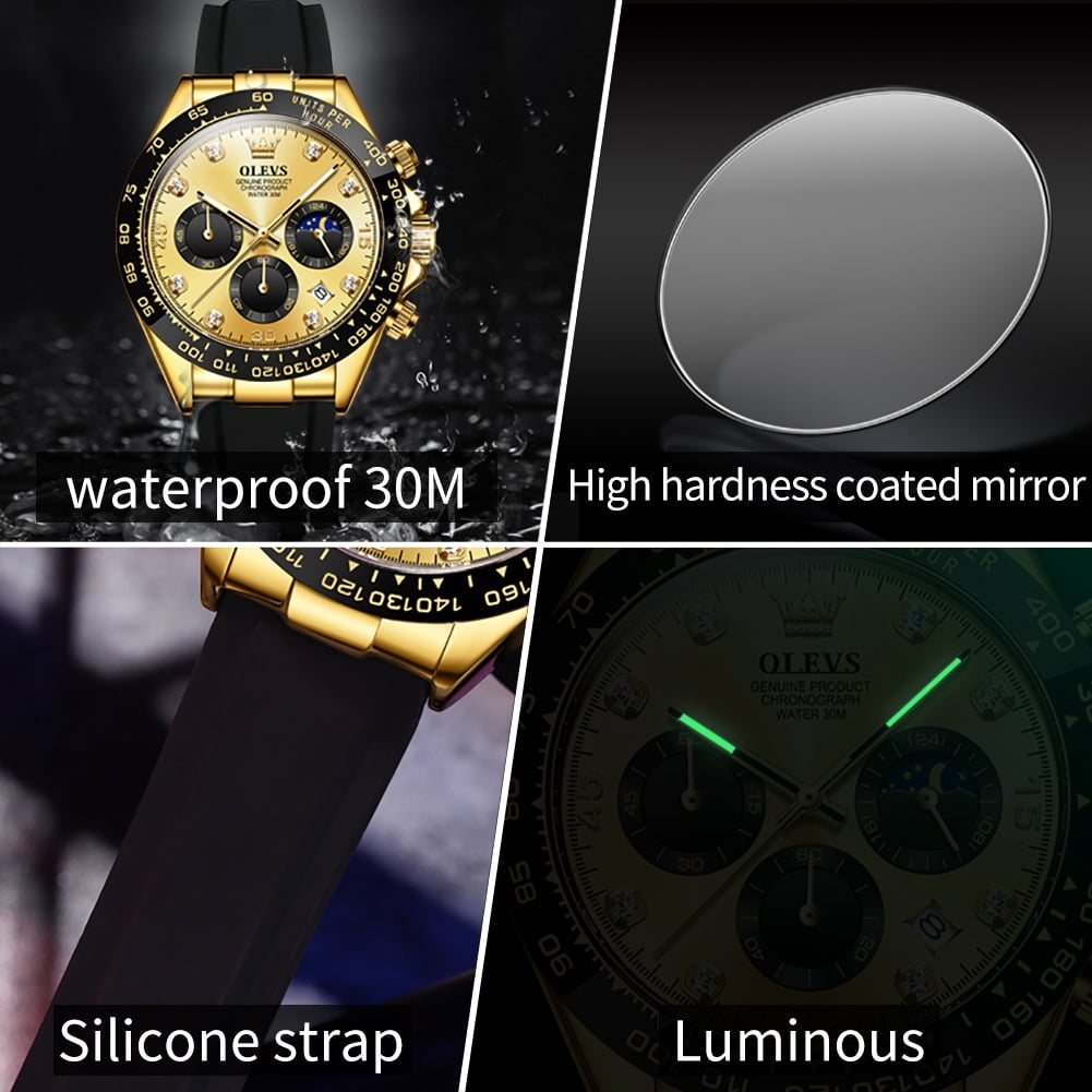 OLEVS Watches for Men Chronograph Multifunction Sport Silicone Luxury Dress Diamond Moon Phase Quartz Male Watch Waterproof Mens Wrist Watches Reloj para Hombre,Gold/Black/White/Blue/Grey Dial