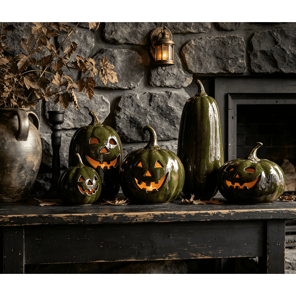 YATingW Handmade Dark Green Jack Halloween Pumpkin Lantern , Hollow Face Pumpkin Light, Porch Mantel Farmhouse Halloween Fall Table Decor,Halloween Indoor Decor & Fall Decorations for Home