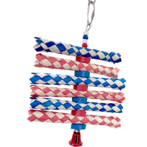 1249 Short Star Spangled Fingertrap Shredder with red blue finger traps plastic and foam beads bell quick link handcrafted by Impeckable Bird Toys great for small size birds