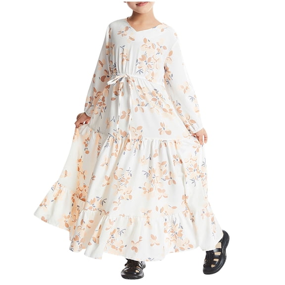 Zpanxa Girls' Dresses Girls' Long Sleeve Open Front Dress Gold Trim Flared Sleeve Casual Holiday Kids Outfit