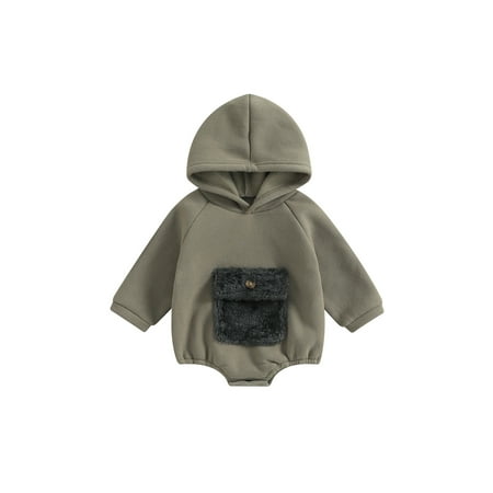 

One opening Baby Girls Boys Spring Autumn Hooded Romper Long Sleeve Contrast Color Romper with One Pocket