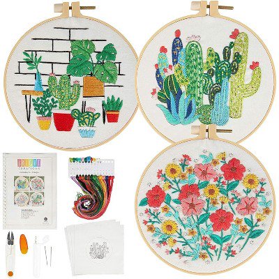 Hand Embroidery Kit 14-Piece Beginner Set with Hoop Needles Scissors & 4 Floral Cross Stitch Patterns