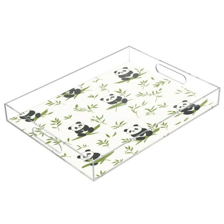 

WOBOGO Acrylic Serving Trays 15.7x11.8 Inch Spill Proof Clear Decorative Organizer with Handle Lovely Panda with Bamboo