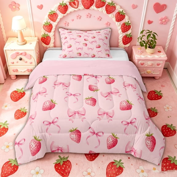 spefrowx Watercolor Strawberry Bow Print Twin Comforter Sets for Teens, Blush Pink Fruit Bedding Set, Pink Reversible, 2-Piece, 1 Comforter and 1 Pillowcase