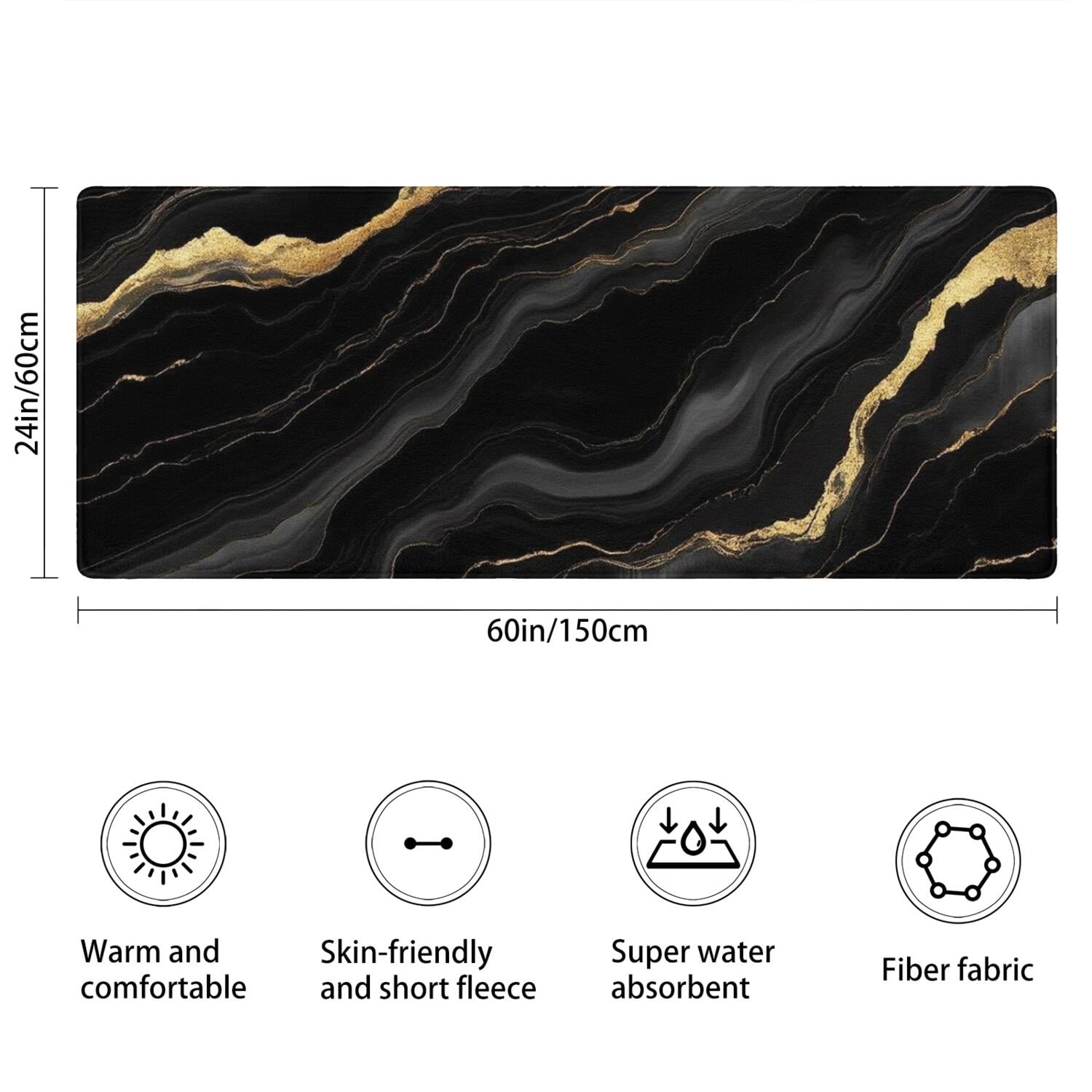 Black Gold Marble Pattern Bathroom Rugs Mat,Non Slip Microfiber Bathroom Rug,Rubber Backing,Soft Bathroom Mats for Bathroom Floor,Tub and Shower,60x24in(150x60cm)
