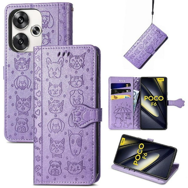 Funda Cartera FOXDOCK para Xiaomi Poco F6 5G , Flip PU con Relieve de Gatos y Perros, Tarjetero y Soporte