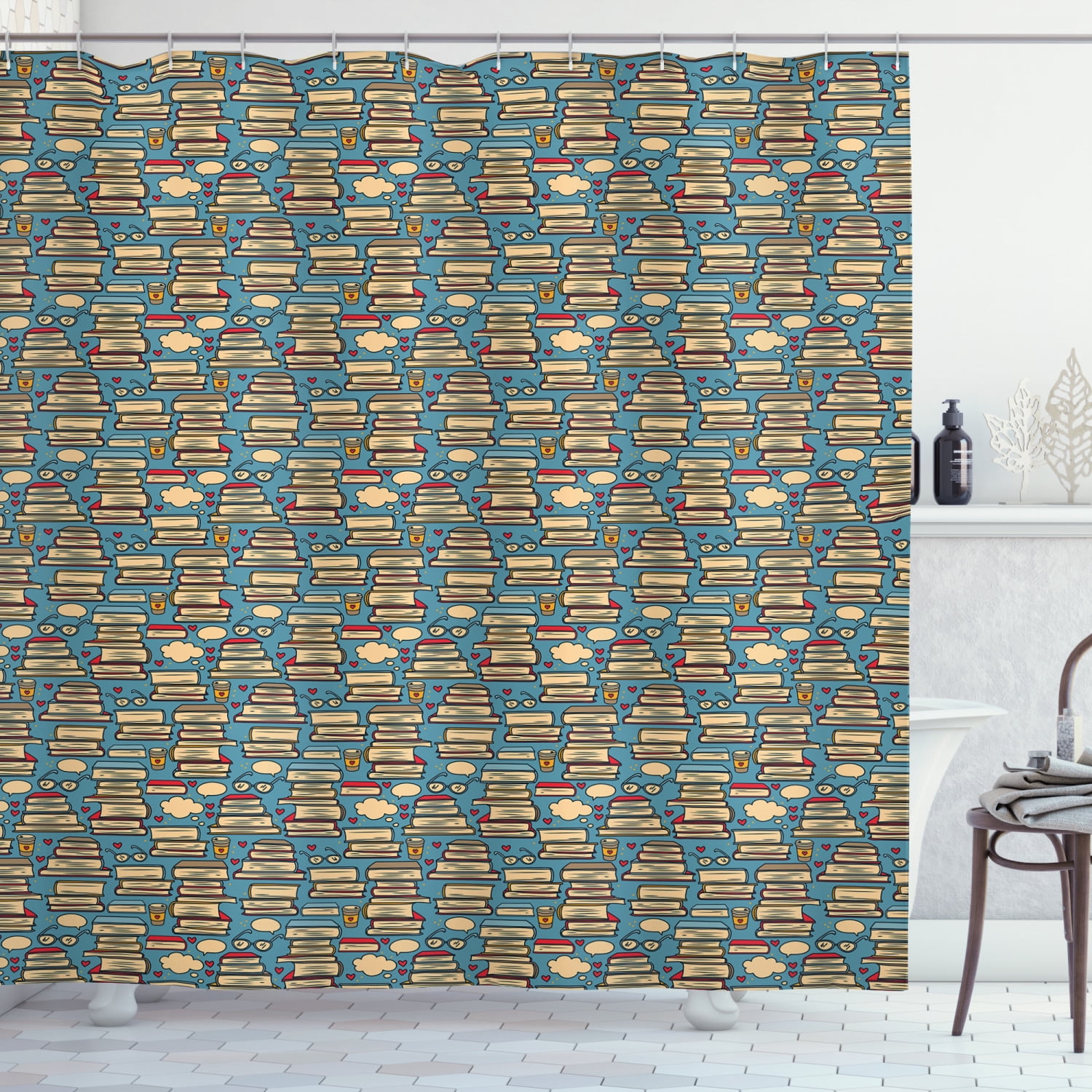 Geek Shower Curtain, Repeating Pattern with Stack of Books Combined