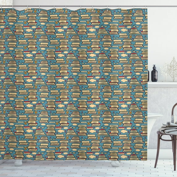 Geek Shower Curtain, Repeating Pattern with Stack of Books Combined with Hearts Coffee and Nerd Glasses, Fabric Bathroom Set with Hooks, 69W X 75L Inches Long, Multicolor, by Ambesonne