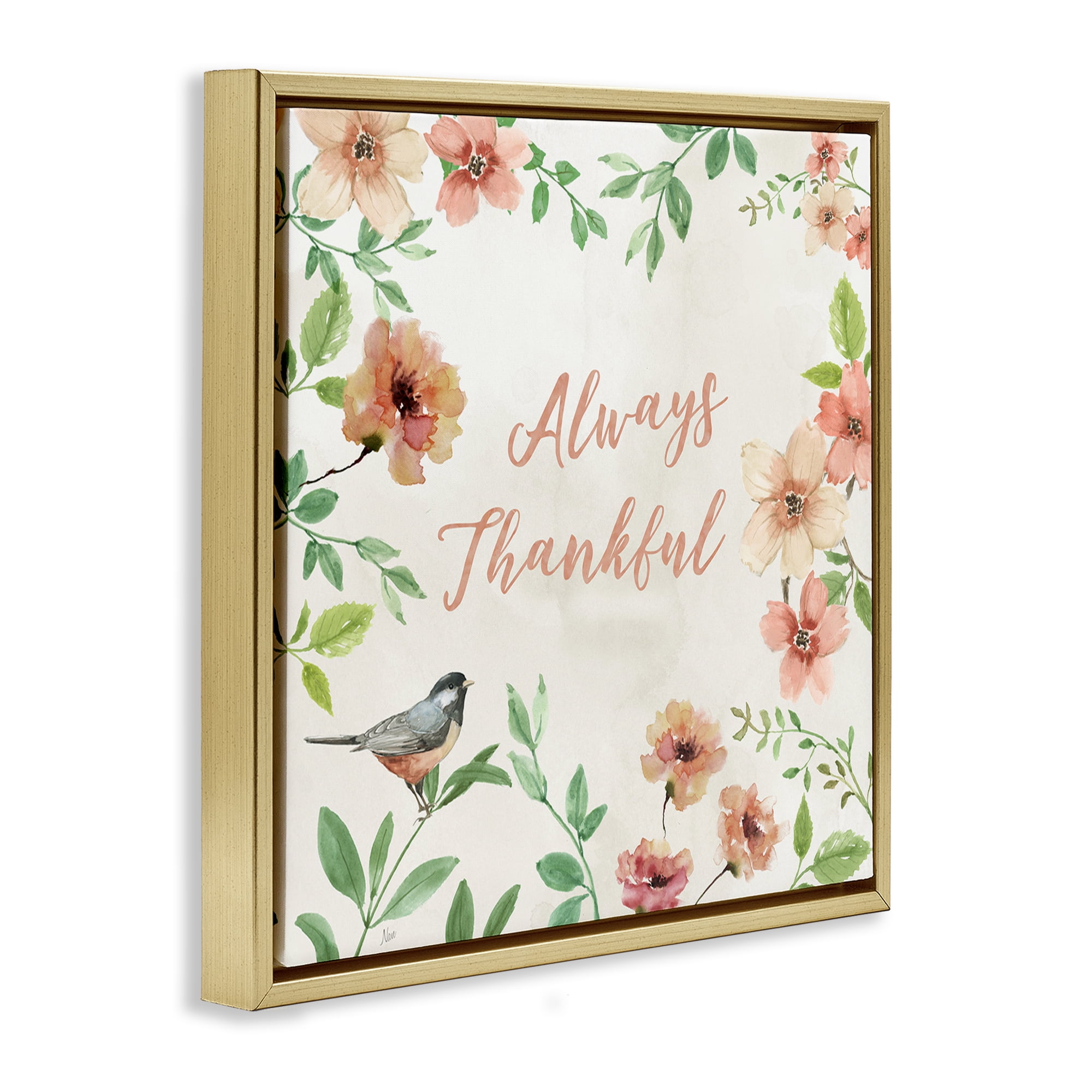 Stupell Industries Always Thankful Floral Botanical & Floral Painting Gold Floater Framed Canvas Art Print Wall Art, 18 x 18