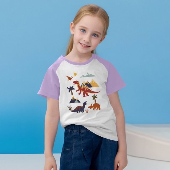 SGFCWSX Girls Short Sleeve Raglan T-Shirt, Kids Regular Fit Print Tees Crew Neck Casual Summer Tops Purple Size 5-6 Years