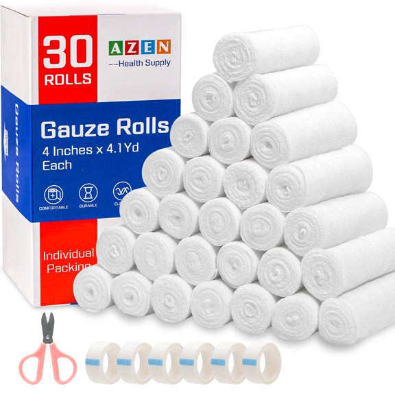 Rollos de Gasa AZEN C-30P Paquete de 30 Unidades de 4 Pulgadas con Cinta Medica