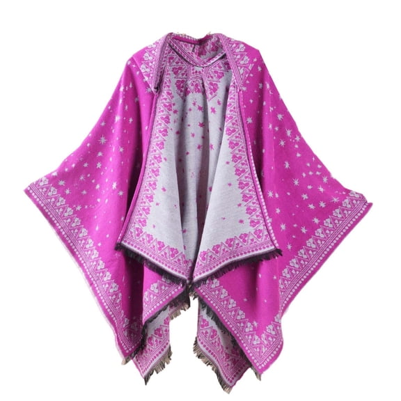 Gpaecead Women's Hooded Cape Coat - Ethnic Style Travel Shawl With Photo Design Hot Pink