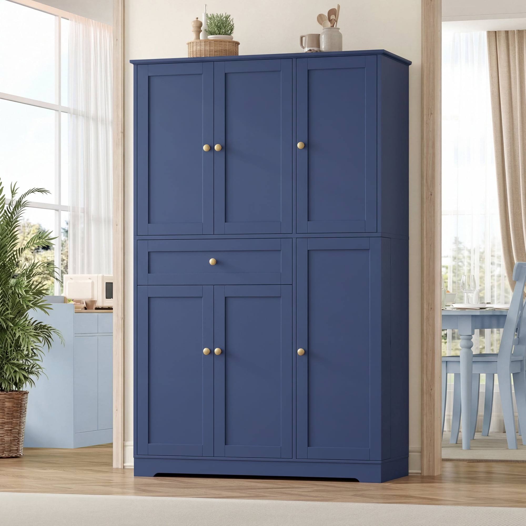 Homfa Kitchen Pantry Storage Cabinet, 68" Food Pantry Cabinet with Drawer and Door Shelf, 6 Door Freestanding Cupboard Buffet for Dining Room, Blue