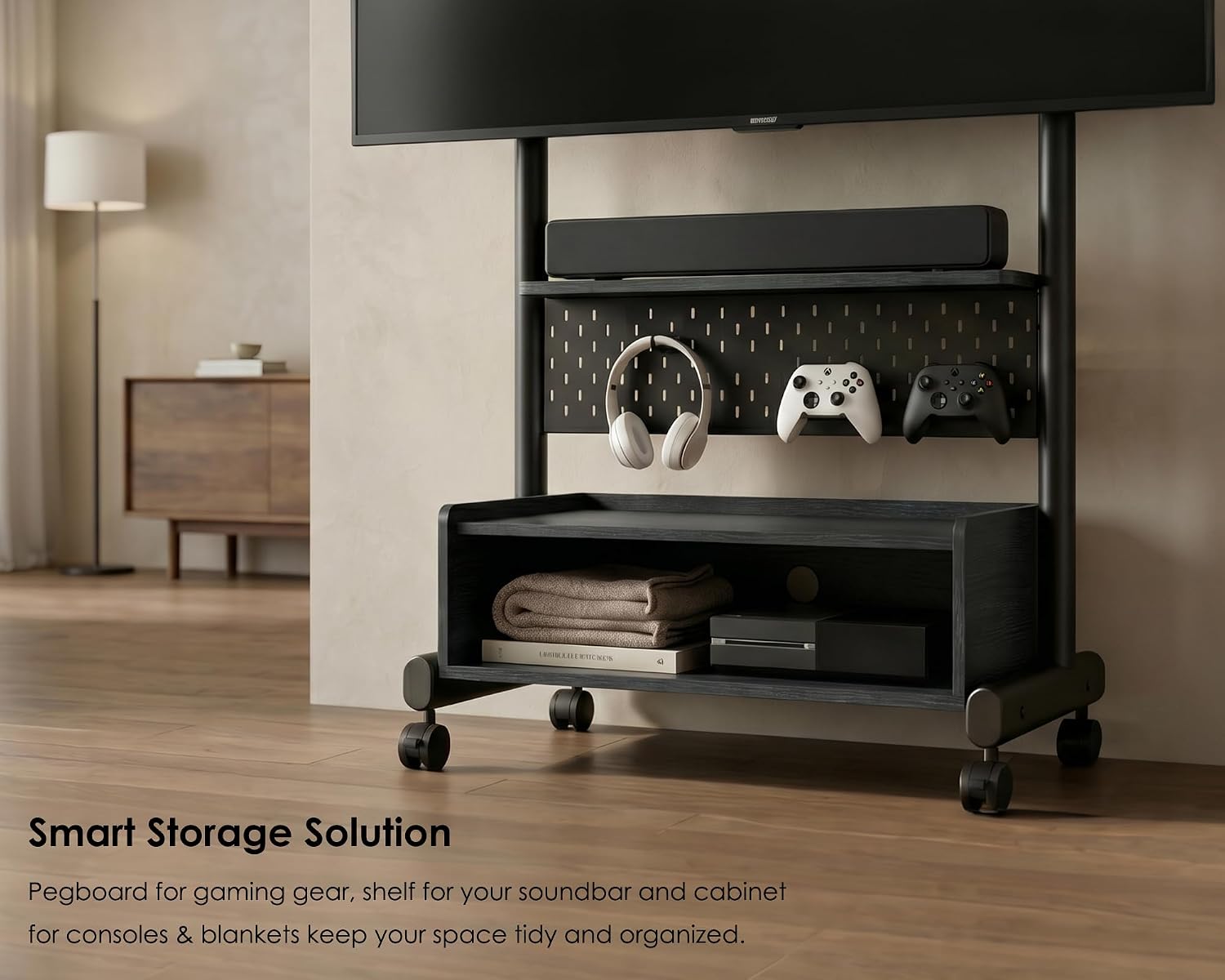FITUEYES Rolling TV Stand for 40–85 Inch TVs, Black, Storage & Pegboard