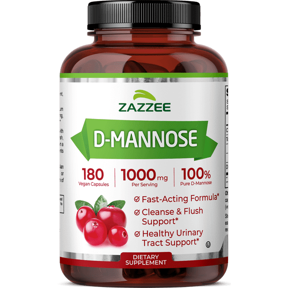 Zazzee D-Mannose 1000 mg – 180 Vegan Capsules – 3-Month Supply – 100% Pure D-Mannose, Fast-Acting Urinary Tract Health Support, Vegan, Non-GMO, Kosher, Made in USA