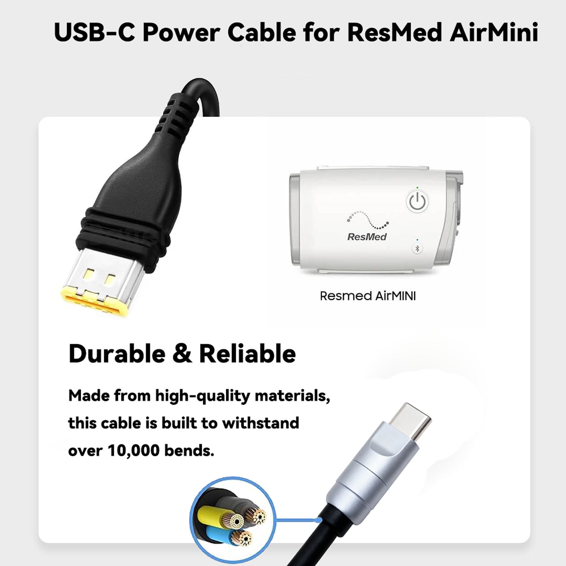 Sourcingbay ResMed AirMini USB-C Power Cable, PD 20V to 24V Boost Cord 1.31ft, White, Works with Power Bank & Car Charger