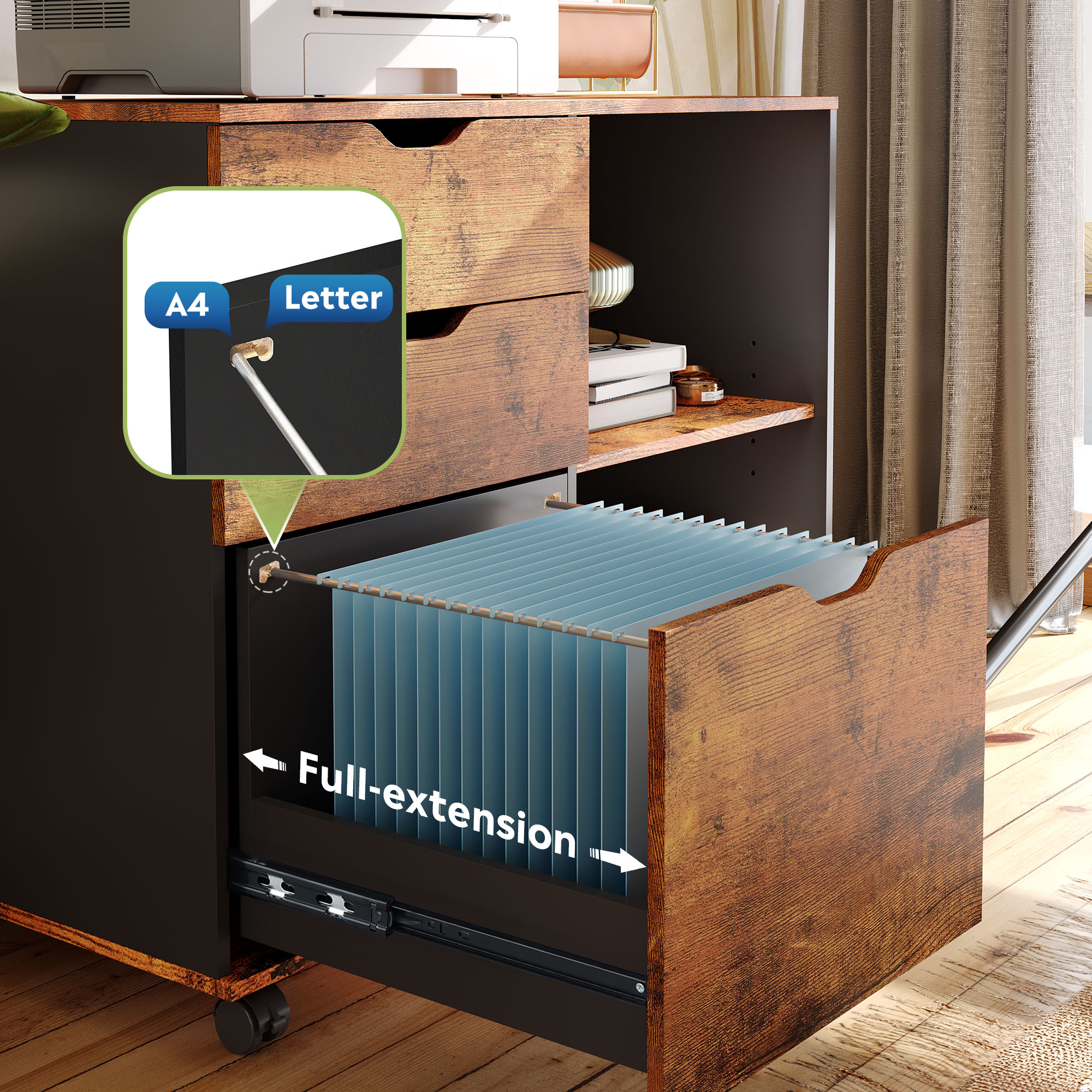 GALAXHERO 3 Drawer File Cabinet, Mobile Printer Stand with Storage Shelves, Wood Lateral Filing Cabinet, Office Storage Cabinet for Home Office, Rustic Brown
