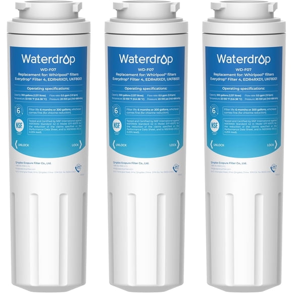 Waterdrop UKF8001 Refrigerator Water Filter, Compatible with UKF8001AXX-750, UKF8001AXX-200, Whirlpool 4396395, 469006, Filter 4, Puriclean II, EDR4RXD1, Pack of 3