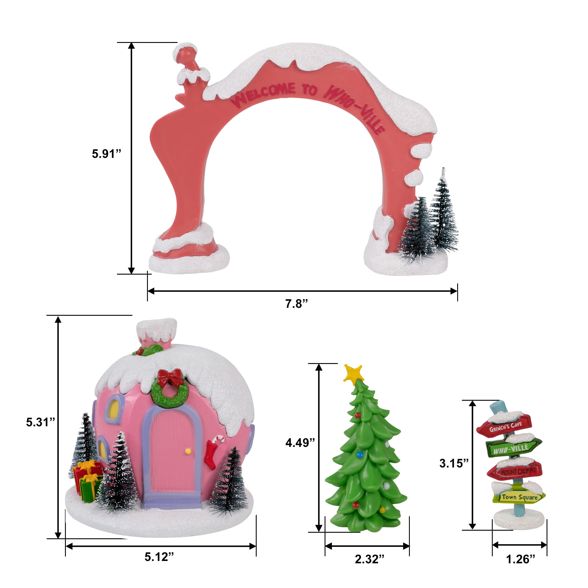 Dr. Seuss The Grinch Whoville Village 4‑Piece Christmas Set — House, Arch, Sign Post & Tree