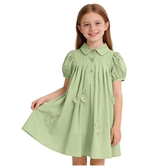 Odeerbi 4-16 Years Child Teen Girls Peter Pan Collar Pleated Dress Puffed Sleeve Bow A-Line Dress Summer Casual Cute Party Dress
