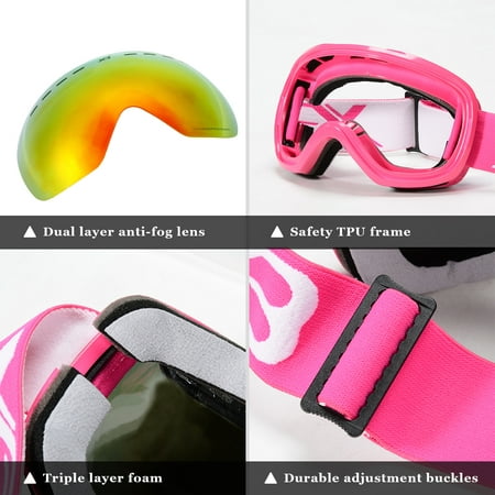 Ski Goggles, OTG Snowboard Goggles 100% UV Protection, Snow Goggles Anti-fog, Helmet Compatible, Interchangeable Lens for Men Women Skiing Snowmobile Skating