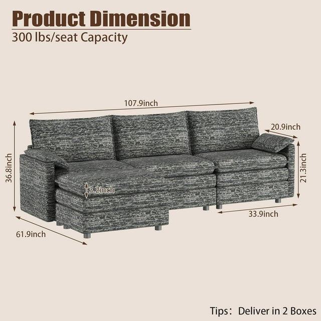 GloryStar 108 Inch Modular Chenille Sectional, Extra Large Cloud Sofa with Ottoman, Deep Seating for Living Room