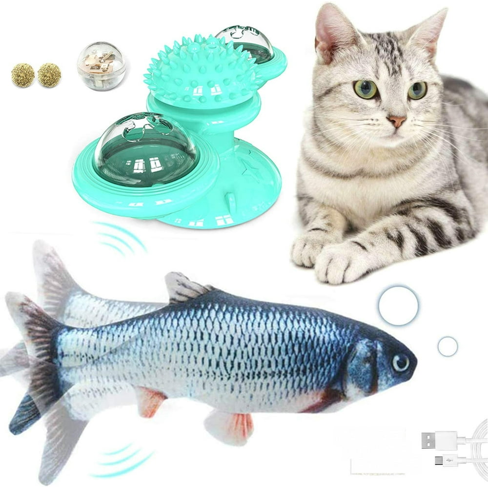 Interactive Cat Toys Electric Cat Kicker Fish Toy and Windmill Cat Toy Catnip Toys with Led Ball
