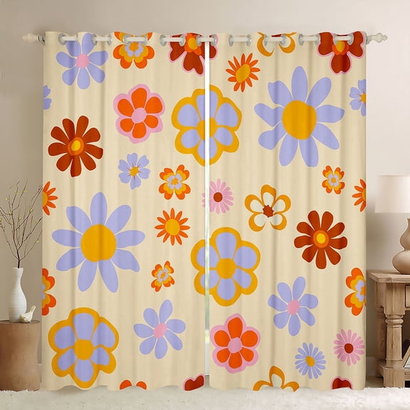 Homewish Lovely Daisy Blackout Curtains Set of 2 (52x84 Each),Cute Rainbow Blossom Window Curtains,Blue Orange Curtains and Drapes For Kids,Breathable Home Decor