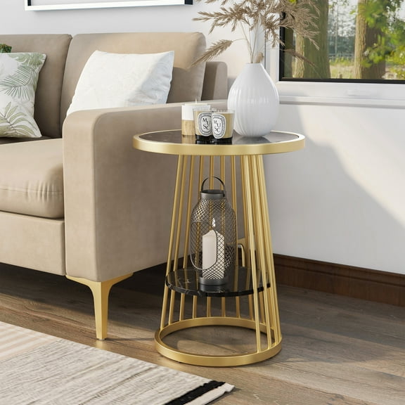 Alioto 1-Shelf Metal Round Side Table, Gold and Black
