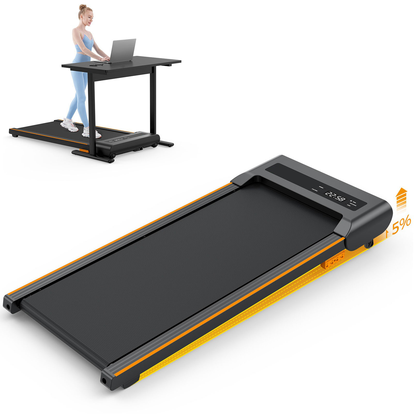 Domqga Under Desk Treadmill for Walking, Electric, Auto Incline, 300 lb Weight Capacity, Black