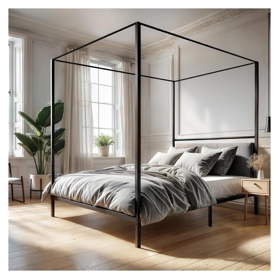 Queen Metal Canopy Bed Frame 14 Inch Height Heavy Duty Four Poster Platform with Headboard Slat Support No Box Spring Black