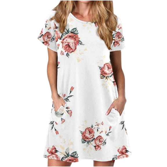 Short Sleeve Dress for Women Summer 2024 with Pockets Crewneck Tie Dye Striped Print Casual T Shirt Dress Loose