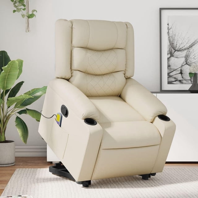 Sillón Reclinable con Masaje y Función de Levantarse Casafoyer en Cuero Sintético Crema