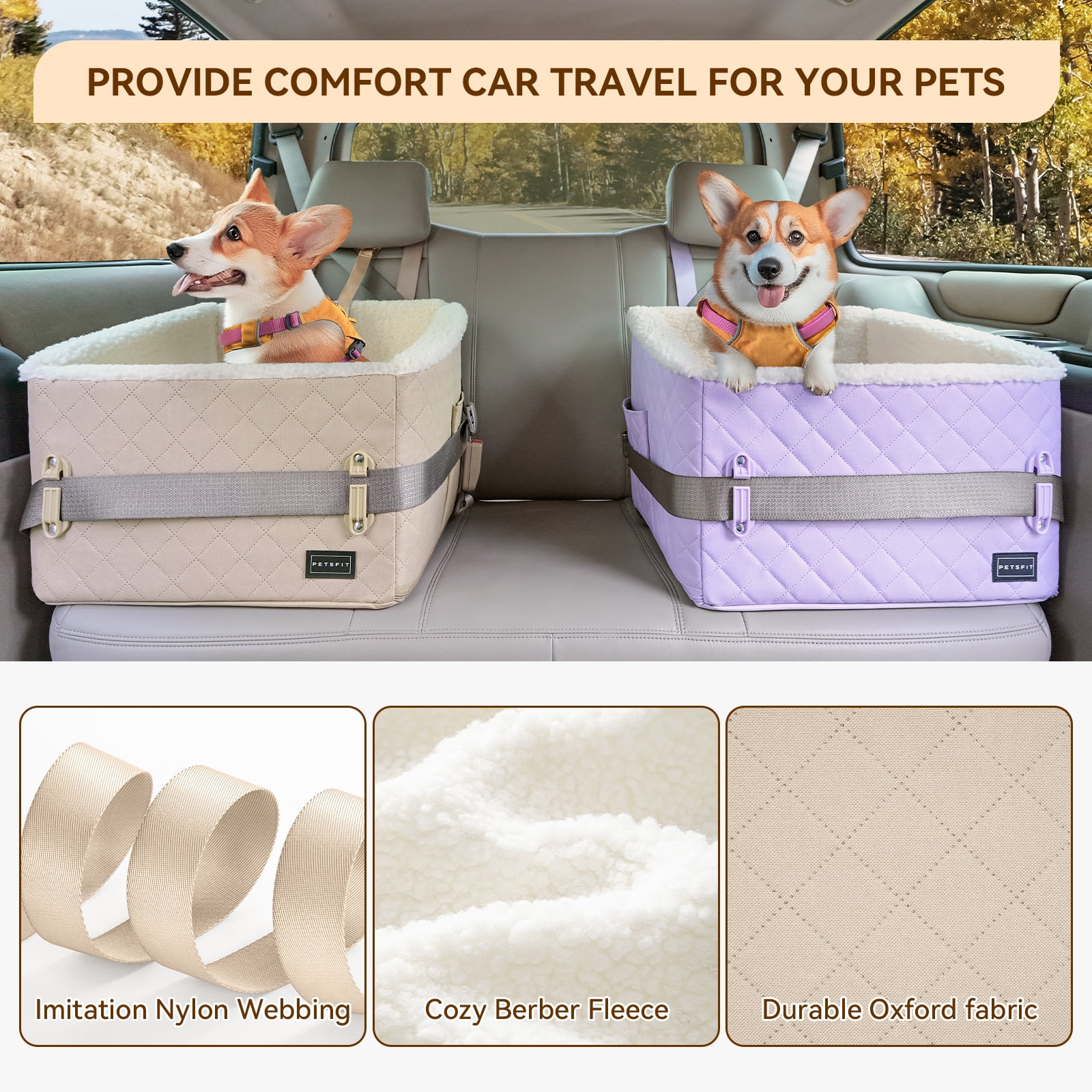 PETSFIT Small Dog Booster Car Seat, Patented Safety Buckles, Detachable Clip-On Safety Leash,Under 30 LBS (Khaki)