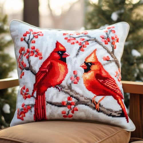 Christmas Red Bird Cardinal Latch Hook Pillow Kit for Adults Throw Pillow Cover with Printed Canvas Hook Crochet Yarn Needle Craft Easy Handmade Cushion for Home Sofa Decoration 43x43cm(10)