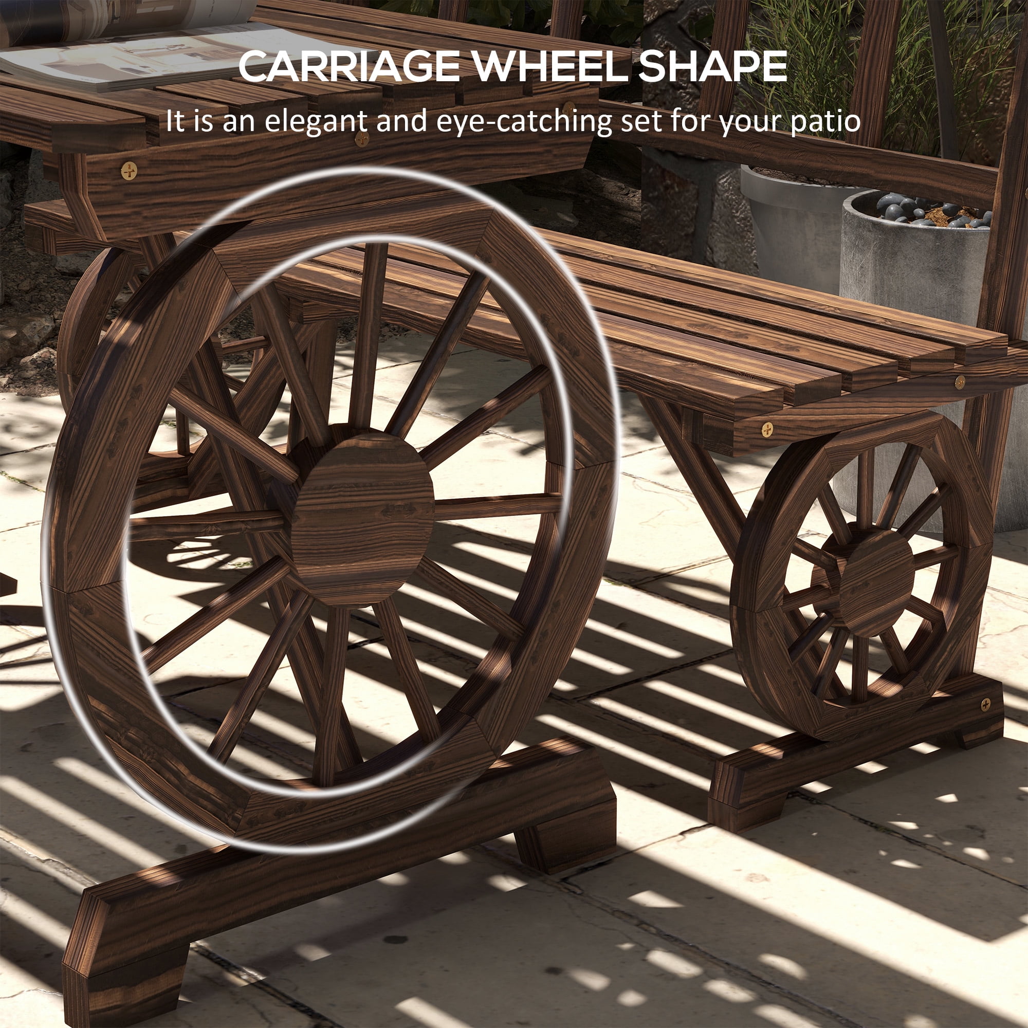 Outsunny Outdoor Table and Chairs for 4 People, Wooden Furniture Set w/ Wagon Wheel Design for Backyard Garden, Deck, Carbonized