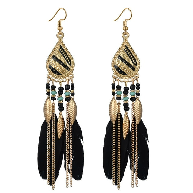 Conjunto de pendientes largos colgantes con borlas y flecos bohemios con plumas falsas para mujer y niña