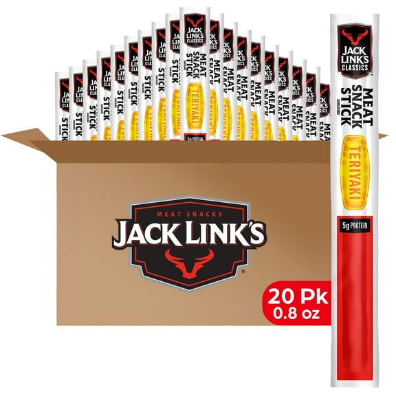 Jack Link's Meat Sticks, Classic Teriyaki Meat Snack â€“ Protein Snack, Meat Stick with 5g of Protein â€“ 0.8 oz. (Pack of 20)