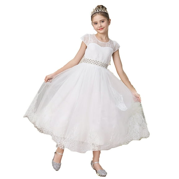 FINALGANG Girls Kids Solid Color Lace Tulle Dress Cap Sleeve Beaded Waistband Floral Lace Trim Princess Party Dress For Party Wear Cute Dress