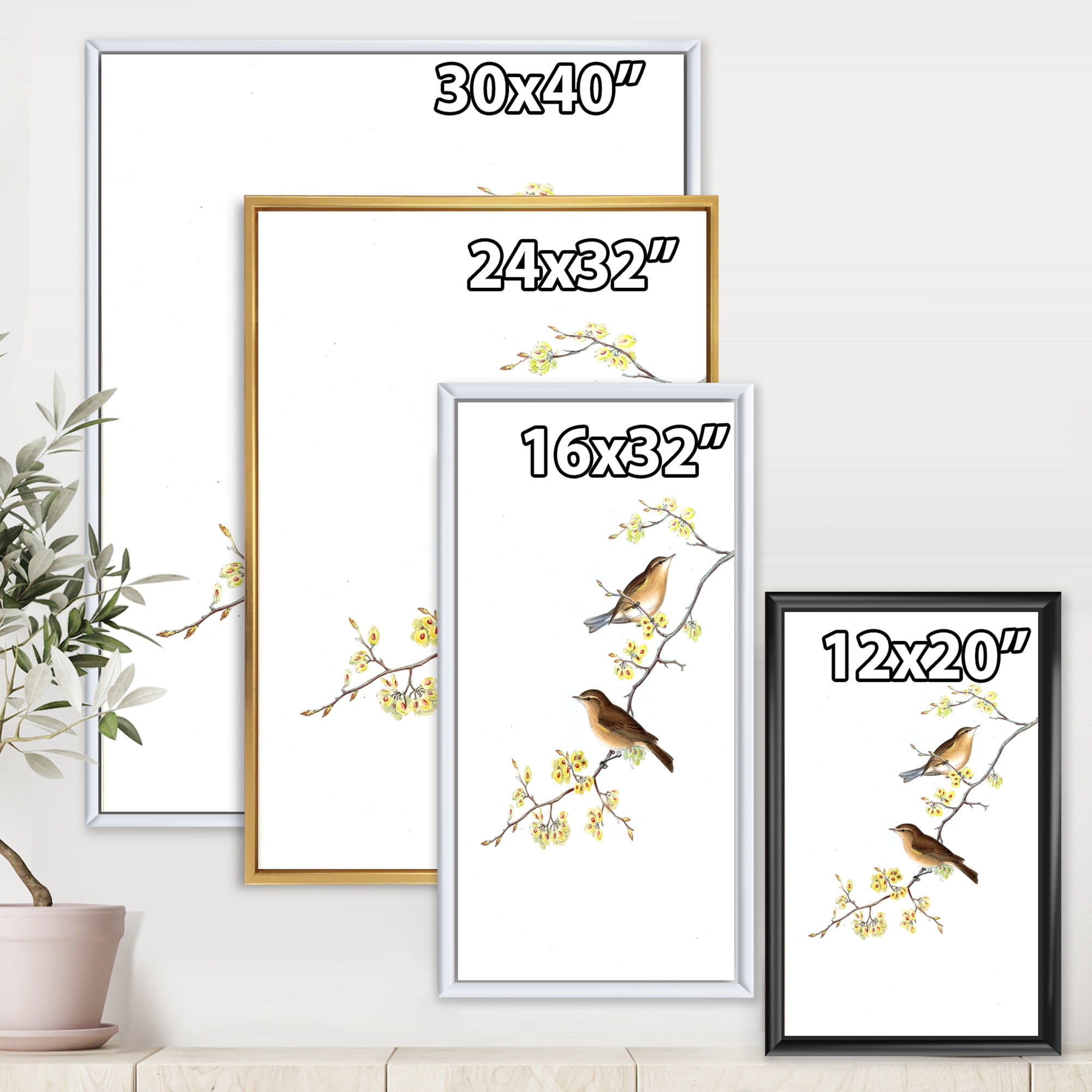 Designart 'Little Birds Sitting On The Tree Branches II' Traditional Framed Canvas Wall Art Print
