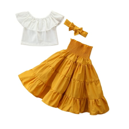 

Herdignity Toddler Girls Dress Set Fashion Ruffle Off Shoulder Top High Waist Skirt Bow Headband Suit